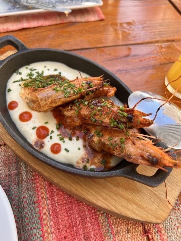 prawns in white sauce in black dish