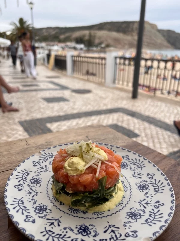 salmon tartare on white plate with background of beach and hill